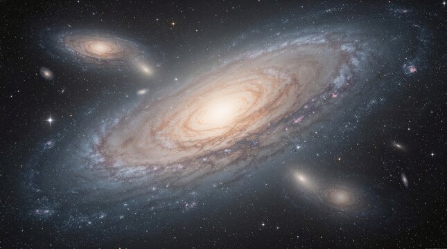 A stunning view of the Andromeda Galaxy with swirling stars, cosmic dust, and smaller neighboring galaxies in deep space.