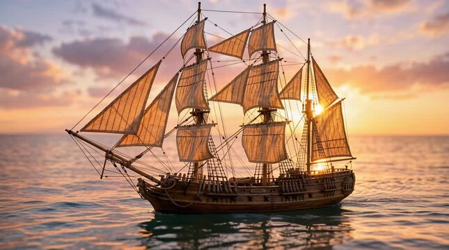 Majestic Tall Ship Sailing Gracefully on Calm Ocean Waters During a Vibrant Golden Sunset with Dramatic Clouds Reflecting on the Rippling Sea Surface