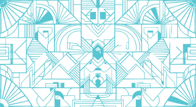 A seamless geometric vector design for a decorative textile wallpaper texture, featuring star shapes and triangular elements along with a blue pattern.