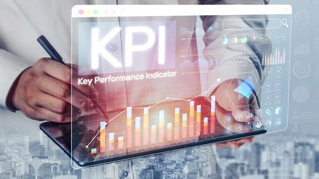 Professional analyzing Key Performance Indicator data on tablet with financial graphs and city skyline in background, showcasing business performance and strategy Sigmoid