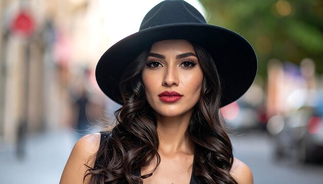 Woman in black hat, city street
