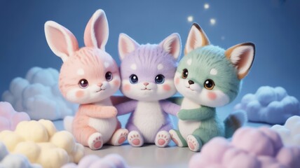 Fototapeta premium Cute pastel baby animals hugging together on dreamy cloud background 3d illustration.