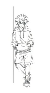 Anime boy leaning against wall in hoodie and shorts, hands in pockets, relaxed pose, black and white line art, modern casual style