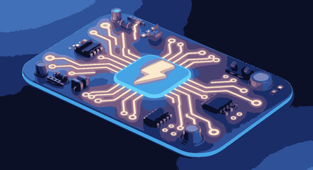 Obraz premium Isometric circuit board with a glowing lightning bolt icon