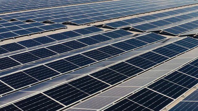 A tight aerial view highlights parallel rows of rooftop solar panels, emphasizing clean power production, technical precision, and the repeating geometry of renewable infrastructure.