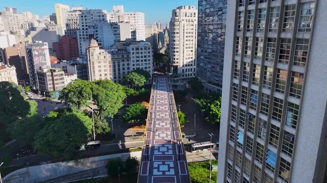 Santa Efigenia Bridge At Sao Paulo In Brazil. Freeway Road Landscape. Downtown City Scenery. Highrise Buildings. Santa Efigenia Bridge At Sao Paulo In Brazil. Beautiful Cityscape.