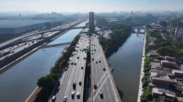 Sao Paulo Skyline In Sao Paulo Brazil. Freeway Road. Highrise Buildings. Downtown District. Sao Paulo Skyline In Brazil. Landmark Avenue. Big City Cityscape. Marginal Tiete Road.