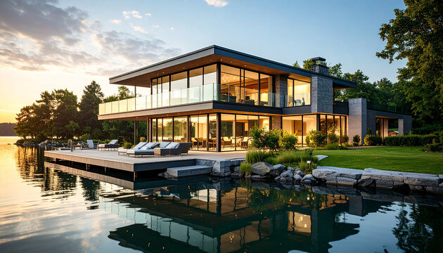Luxury Lakefront Mansion with Private Dock and Reflective Water at Sunset