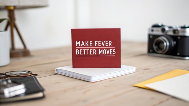 Inspirational workspace with motivational quote card on desk alongside glasses, camera, and stationery for creative productivity and design inspiration