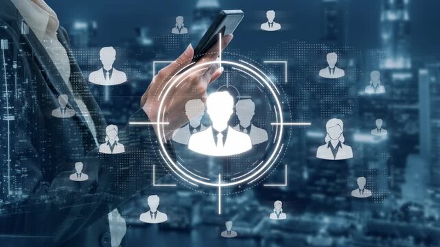 Digital Transformation and Networking Concept with Hand Holding Smartphone and Multiple User Profile Icons in a Futuristic City Background Sigmoid