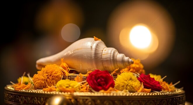Sacred conch shell on floral offering tray for Hindu religious ritual