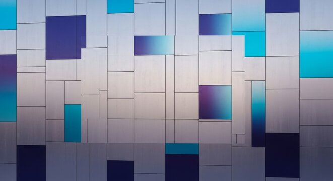 Modern geometric facade with iridescent panels and blue gradient squares.