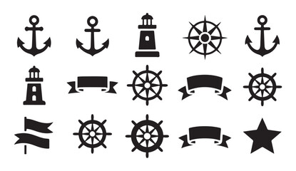 Set of nautical icons including anchors steering wheels lighthouses flags and star shapes. © Tamanna
