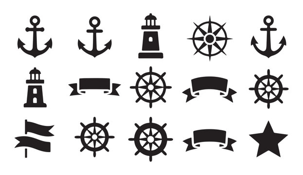 Set of nautical icons including anchors steering wheels lighthouses flags and star shapes.