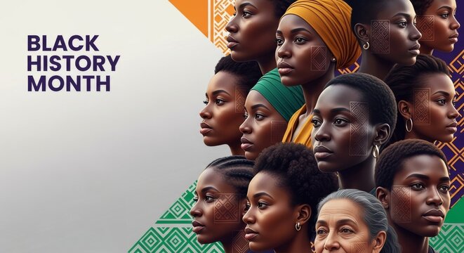 Group of diverse Black women with patterned facial markings stand in profile.
