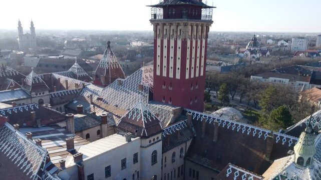 Drone view of Subotica downtown and city hall. Europe, Serbia