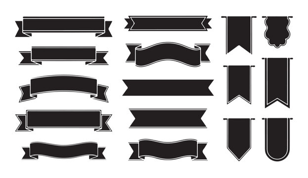 Set of black ribbon banners and vertical flag icons isolated on white background design.