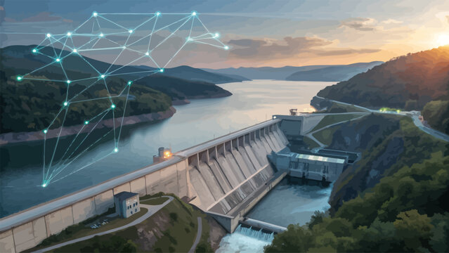 Aerial view of a large hydroelectric dam on a river at sunset with a digital network overlay representing smart energy grid technology