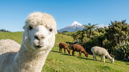 Fototapeta premium Curious alpaca in green pasture with grazing herd and Mount Taranaki in New Zealand. 