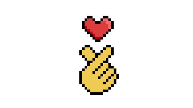 Pixel Art Animation of a Finger Heart Gesture with a Floating Red Heart