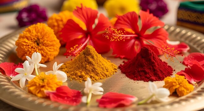 Traditional Hindu puja thali with vibrant flowers and sacred powders arranged for worship