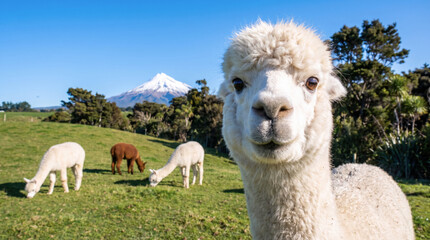 Fototapeta premium Curious alpaca in New Zealand pasture with Mount Taranaki, rural landscape and farm animal. 