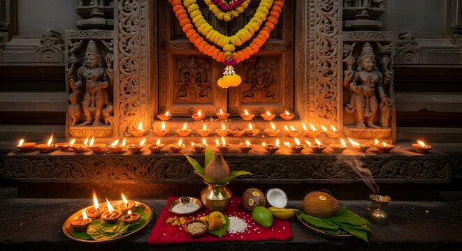 Traditional Hindu ritual offerings and lit oil lamps at a temple during Jagannath Rath Yatra festival celebration