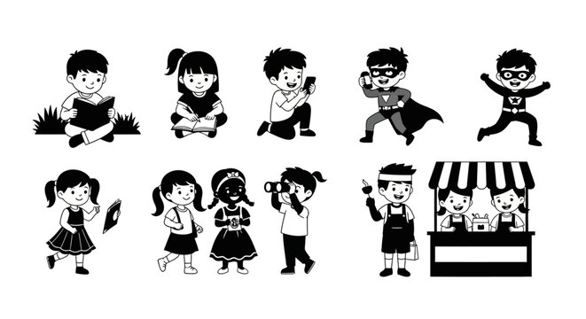 Set of Cute Diverse Children Characters in Silhouette Style