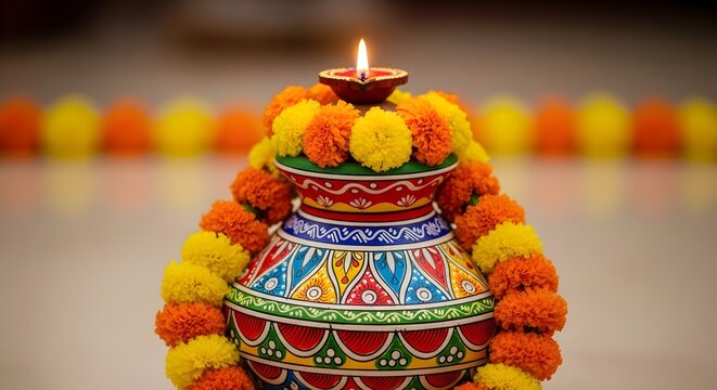 Traditional Indian Kalash decorated with marigold flowers and lit diya lamp