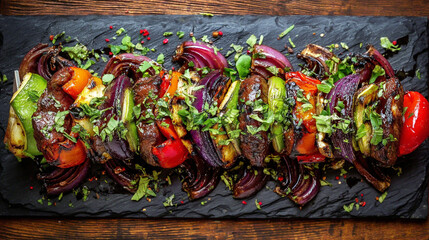 Fototapeta premium Overhead view of colorful grilled mixed vegetables with herbs on a dark slate serving platter
