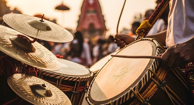 Traditional musicians playing drums and brass cymbals during Jagannath Rath Yatra festival in Puri Odisha at sunset