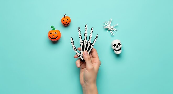 Hand holding a Halloween skeleton hand toy