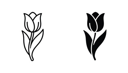 Fototapeta premium Tulip flower icon set featuring line art and solid black silhouette styles for floral design and spring season graphics