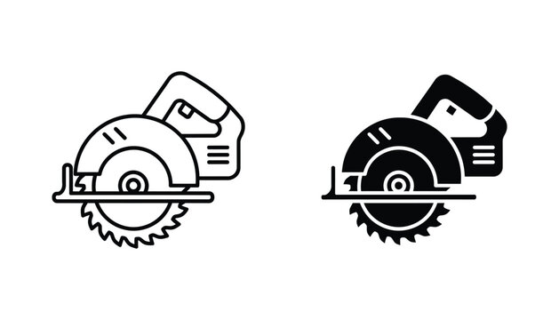 Circular saw power tool icon in outline and solid black styles for construction and DIY home improvement branding