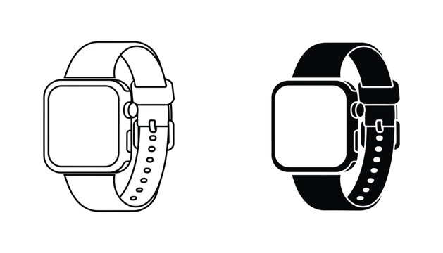 Modern smartwatch wearable device icon set with blank screen in outline and solid black silhouette for technology branding