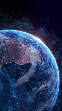 Digital globe is presented in the form of a hologram emitting a light effect, traffic information. AI big data processing technological concept. Machine learning abstract background. Digital quantum