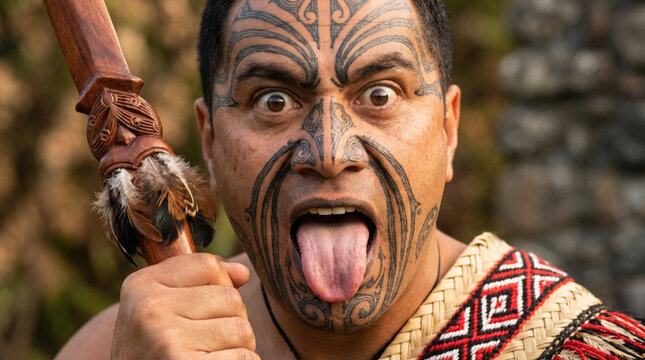 Traditional Māori man performing haka with ta moko face tattoo and carved wooden weapon, Māori culture of New Zealand. 