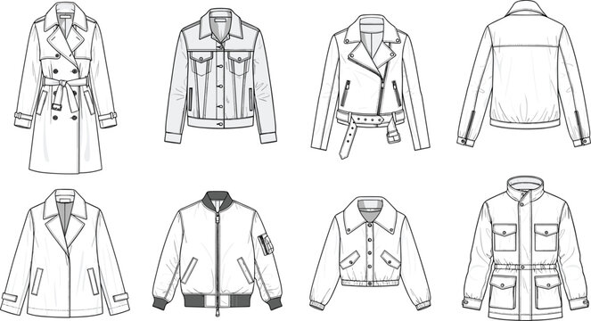 Women jacket and outerwear technical flat sketches collection featuring trench coat biker jacket bomber and casual styles for fashion design illustration set