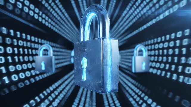 A striking visual representation of digital security features a central lock surrounded by a tunnel of binary code, symbolizing data protection and cybersecurity.