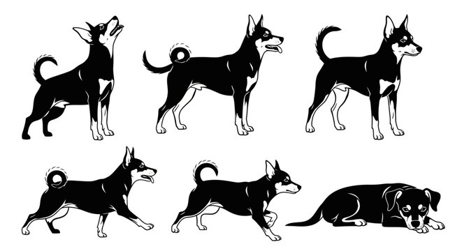 Set of Black and White Silhouette Illustrations of Dogs in Various Poses