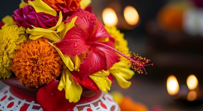 Vibrant colorful flowers with water droplets in a decorated pot arranged for a Hindu festival offering with warm oil lamps glowing in the soft backgro