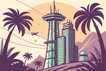 Obraz premium Futuristic Tropical City Tech Gradient Illustration Sci Fi Urban Concept