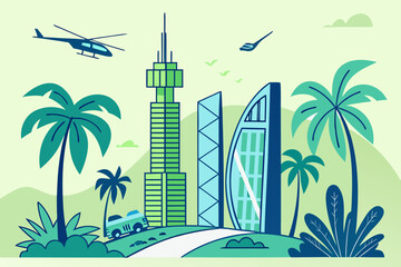 Obraz premium Futuristic Tropical City Tech Gradient Illustration Sci Fi Urban Concept