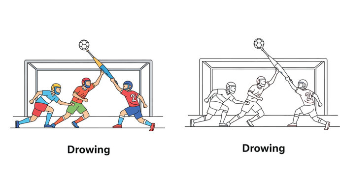 Funny hybrid sport vector illustration showing players in helmets hitting a soccer ball with a giant baseball bat. Includes color and black and white line art coloring page versions.
