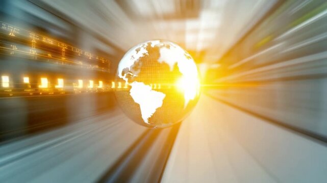Global Connectivity: An artistic representation of the Earth is propelled through a fast-paced environment, suggesting worldwide connectivity and the rapid advancement of technology.