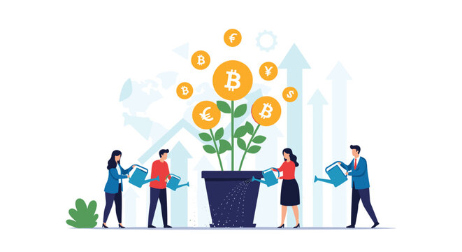 Diverse team of people watering a plant growing in a pot that produces various currency symbols representing wealth and investment.