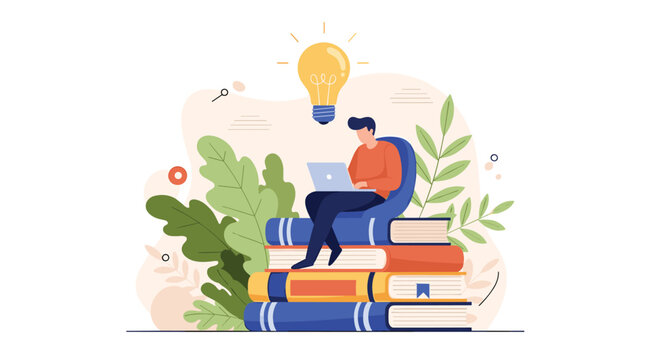 Creative student or professional sitting on a pile of books while working on a laptop to generate innovative ideas and gain knowledge.