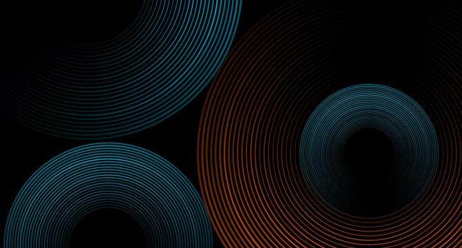 Blue and orange shiny linear circles abstract futuristic tech background. Vector minimal geometric design