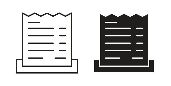 Paper receipt icon line style collection. Simple black solid icons