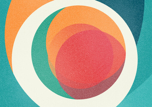 Minimalist vector background with overlapping colorful circles in a mid-century modern style. Vector design includes subtle grainy noise texture and vibrant retro color palette